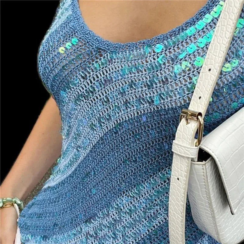 BXOXO Women y2k Sexy Glitter Sequin Halter Tank Tops Sleeveless Backless Hollow Knit Sling Cropped Camisole Vacation Beach Top