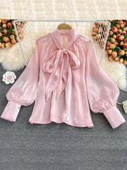 BXOXO Spring Autumn Women's New Tops Bowknot Lantern Sleeves Loose All-match Temperament Ladies Shirt UK113 Women  Blouses