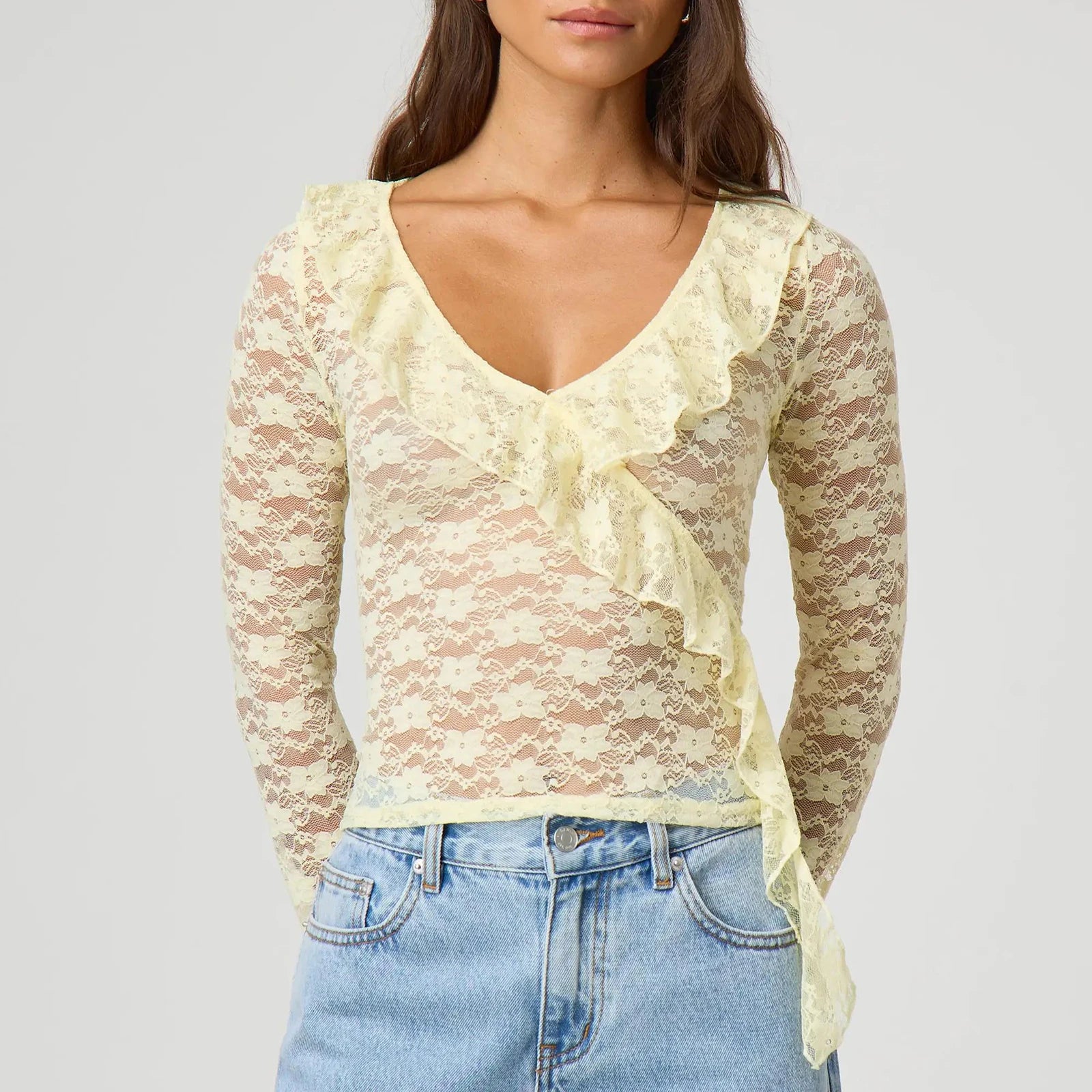 BXOXO Women Long Sleeve T-Shirts Lace Ruffles V-Neck Shirts Spring Summer Slim Fit Casual Tops Y2K Fashion Streetwear