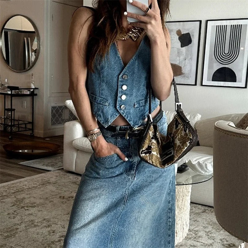 Bxoxo Denim Vest y2k Clothes Women Summer V Neck Button Front Sleeveless Tank Tops Jean Waistcoat 2000s Clothes Streetwear