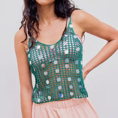 BXOXO Women's Knit Tank Tops with Sequin Summer Backless Sleeveless Spaghetti Strap Slim Fit Hollow Out Camisole Beach Coverup