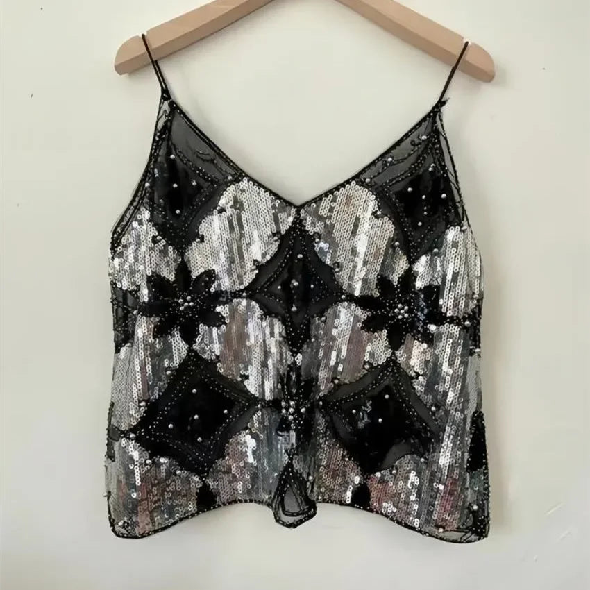 BXOXO Bling Sequined Tanks Tops Women Sexy Beaded Work Mesh Tops Chic Women Sparkly Cami Vest Femme Summer Streetwear