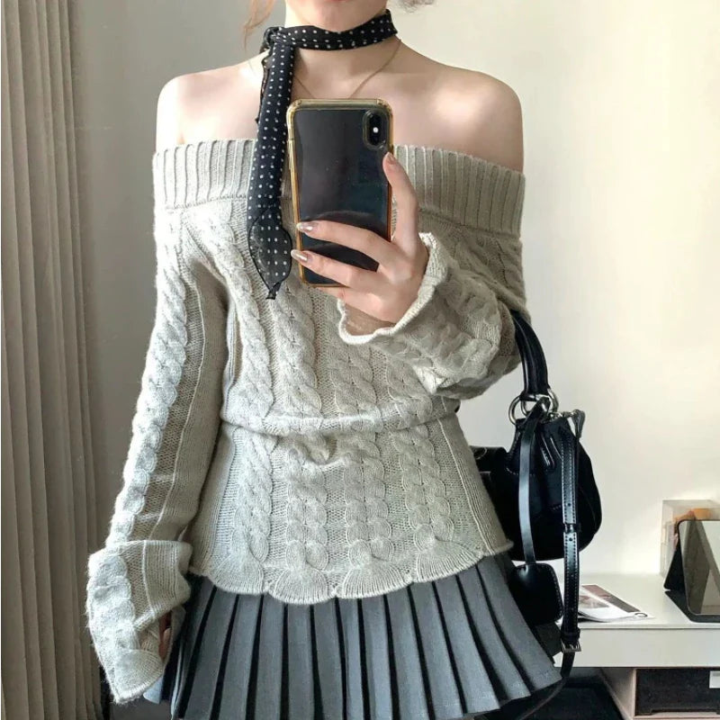 BXOXO Korean Style Sexy Off Shoulder Sweater Women Sweet Elegant Long Sleeve Knitted Pullover Cute Fashion Slim Up Sweaters