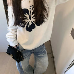 Bxoxo Vintage Elegant Off Shoulder Sweater Women Sexy White Knitwear Long Sleeve Jumper Slash Neck Loose Harajuku Pullovers