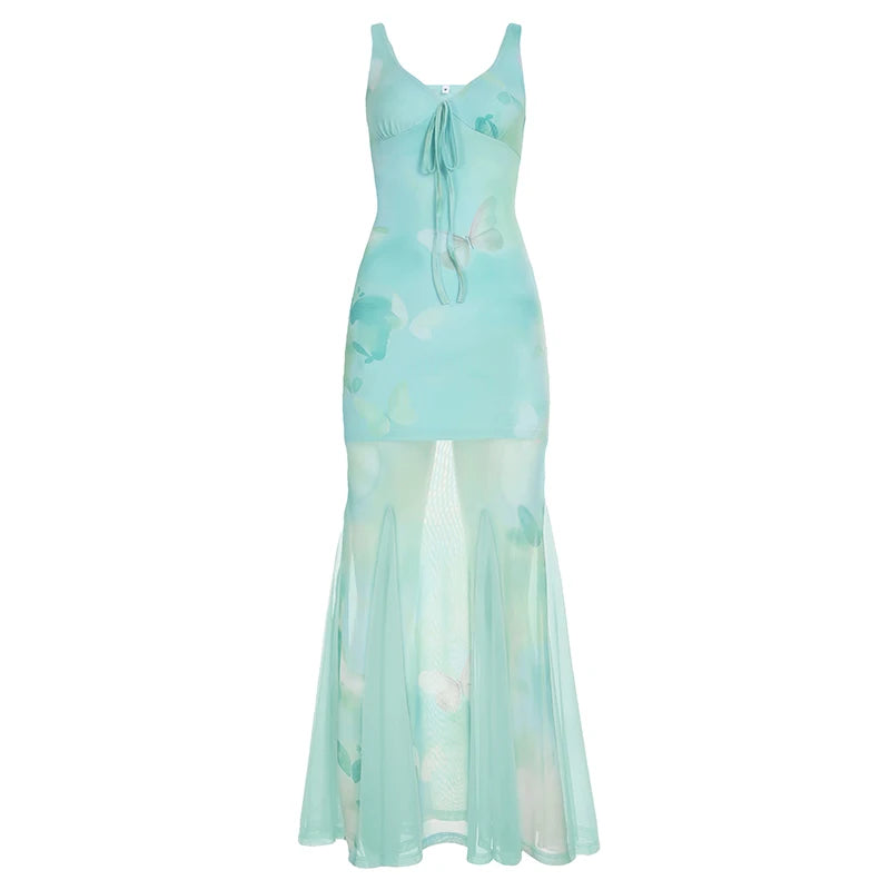 BXOXO Fashion Elegant Butterfly Print Skinny Sheer Trim Trumpet Sleeveless Summer New Mint Manbo Dresses