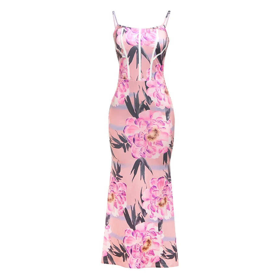 BXOXO Flower Print Dress Women Temperament Patchwork Spaghetti Strap Draped Backless Sleeveless Sexy Birthday Party Vestidos