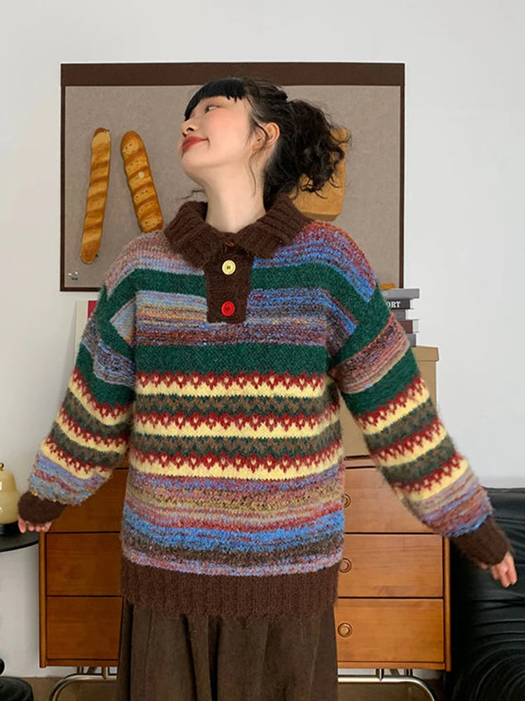 Bxoxo Vintage Print Harajuku Sweaters Women Loose Casual Knitted Pullover Lazy Wind Retro Female Preppy Style Long Sleeve Jumper Tops