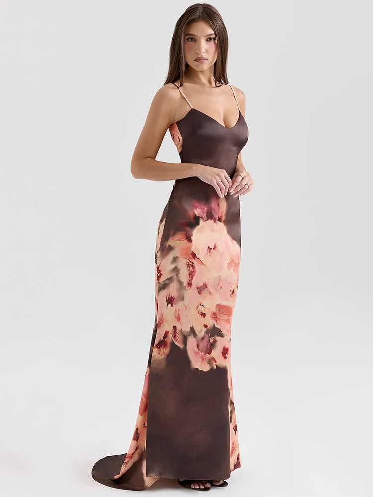 BXOXO  Satin Floral Print Sexy Maxi Dress Women Gown Elegant Spaghetti Strap Sleeveless Backless Bodycon Evening Club Dress