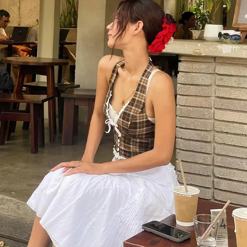 BXOXO Vintage Plaid Print Halter Vest Women Y2K Korean Sexy V Neck Cardigan Tops Summer Streetwear Patchwork Female Tank