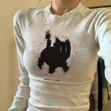 BXOXO New Fashion Kawaii Cat Print Grunge T-shirts 2025 Autumn Sweet Flower Grey Crop Top Women Y2k Aesthetic Al Match Harajuku Tees