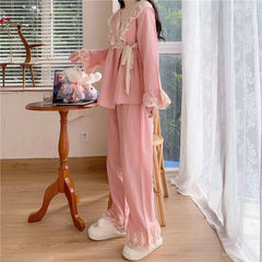 BXOXO New V-neck Tied Pajama Set for Women Spring Autumn Tops Long Sleeved Pants Lace Lace Pajamas