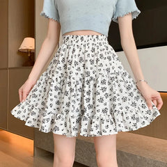 Bxoxo Sweet Floral Skirts for Women Summer Elastic High Waist All Match Mini Skirts Y2K Korean Kawaii Preppy A Line Skirts Female