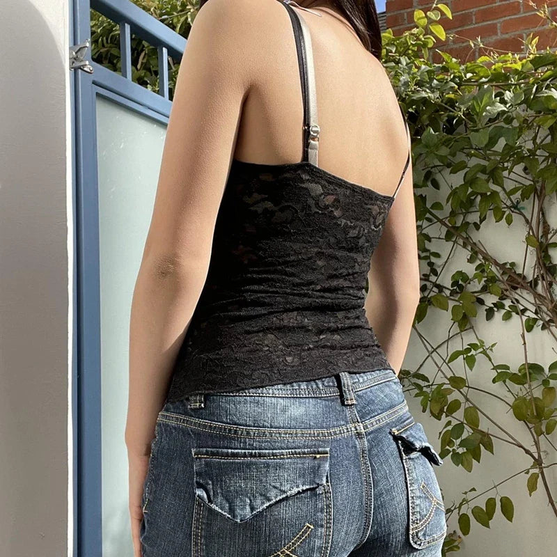 BXOXO Retro Lace Tops Bow Camis Sleeveless Casual Straps V-neck Black Vintage Tank Top Women Chic Crop Summer 2000s Clothes y2k Tops