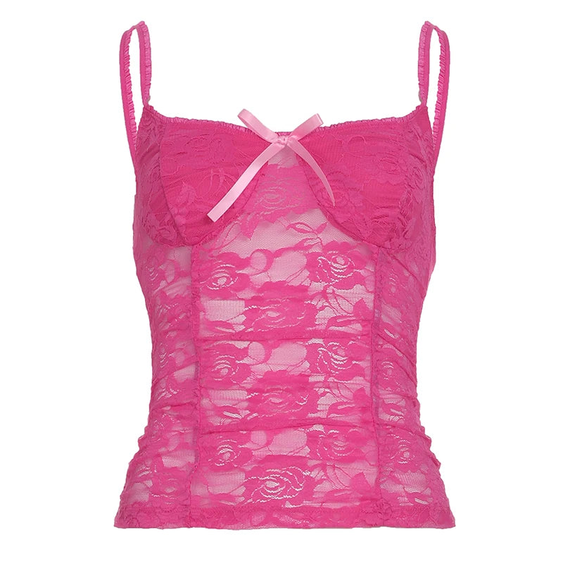 BXOXO Sweet Sexy Lace Camisole Solid Skinny See Through Crop Tops for Women Cute Aesthetic Summer Tees Vintage y2k Holiday Vest