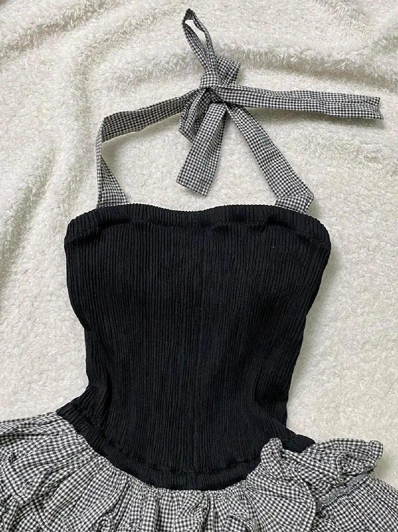 BXOXO New summer sexy style patterned halter neck suspender dress for women with waist slim and fluffy cake skirt