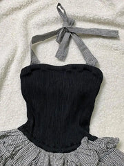 BXOXO New summer sexy style patterned halter neck suspender dress for women with waist slim and fluffy cake skirt