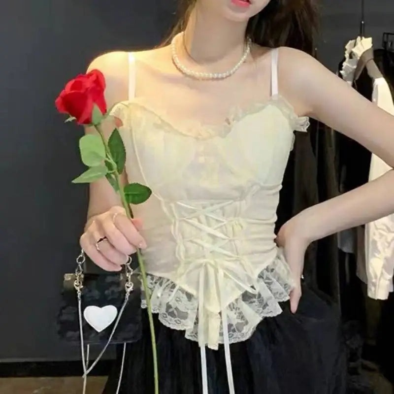 BXOXO Y2k Clothes Blouses Sexy Crop Tops Women Corset Lace Bandage T-shirt Camisole Woman Sling Tank Top Fashion Sleeveless Waistcoat