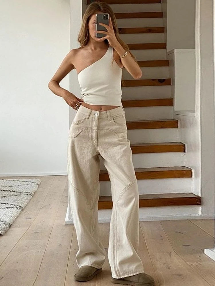 BXOXO Beige Jeans Baggy Women Casual Denim Trousers Vintage High Waist Wide Leg Pants Classic Streetwear Fashion Autumn Ladies