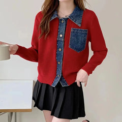 Bxoxo Small Spring Autumn Outerwears Female Jeans Coat Short Black Patchwork Crop Women's Denim Jackets Knitted 2024 New Collection In