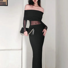 BXOXO Strapless Black Sexy Women's Dress Lace Patchwork Long Sleeves Bodycon Autumn Long Dresses Streetwear Elegant Party Clubwear