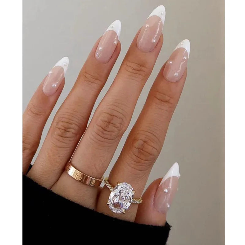 Bxoxo 24P French Oval False Nails Girls White Edge Design Nude Color Wearable Press on Nail Full Cover Short Acrylic Almond Fake Nails