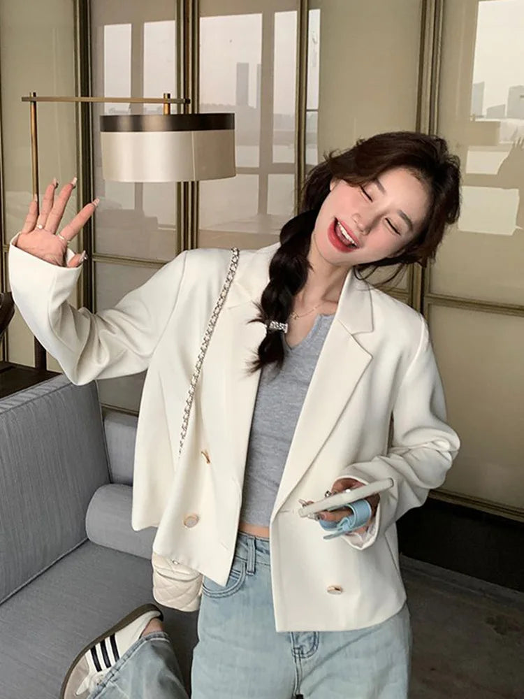 Bxoxo Elegant White Blazer Women Slim Long Sleeve Korean Sweet Suit Coat Casual Fashion Fall Double Breasted Female Chic Short Outwear