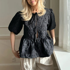 BXOXO Short Sleeve Peplum Blouse Tie Front Lace Up Ruffle Top Puff Sleeve Babydoll Shirt Y2k Loose Spring Summer Tops