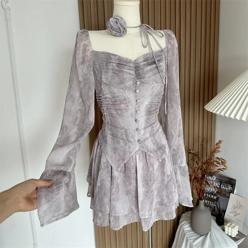 Bxoxo Women A-line Luxury Dress Elegant Long Sleeve Mini Evening Dress Harajuku Vintage 90s Y2k One Piece Frocks 2000s Clothes Autumn