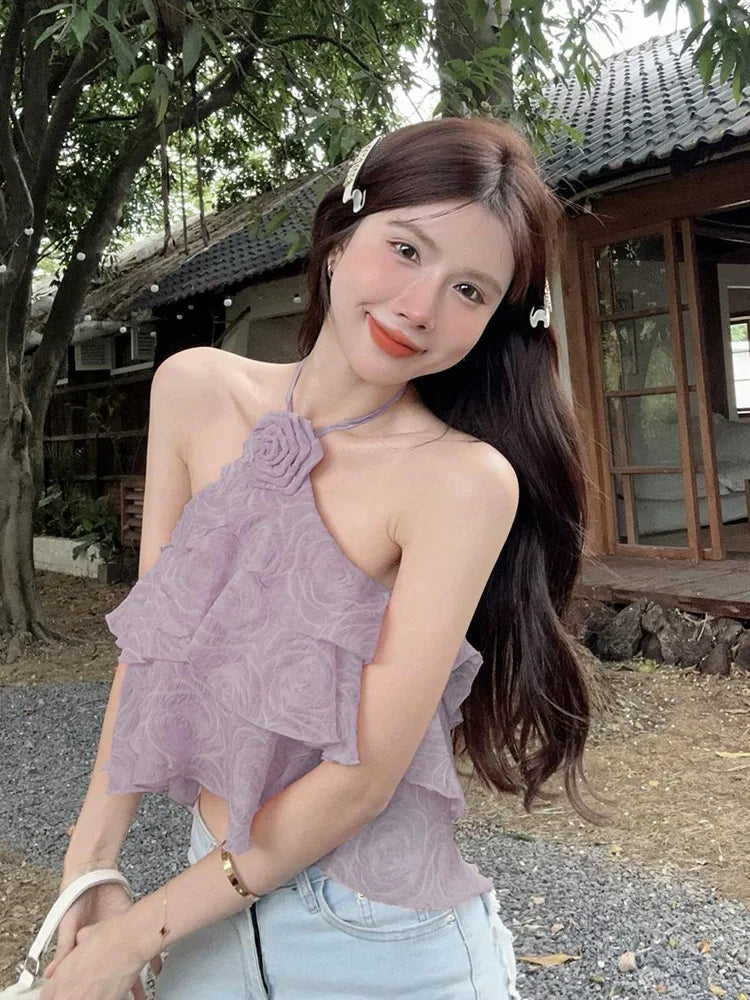 BXOXO 3D Floral Sweet Halter Tanks Women Elegant Fashion Sexy Cropped Camis Tanks Summer Chic Female Backless All Match Top Tanks