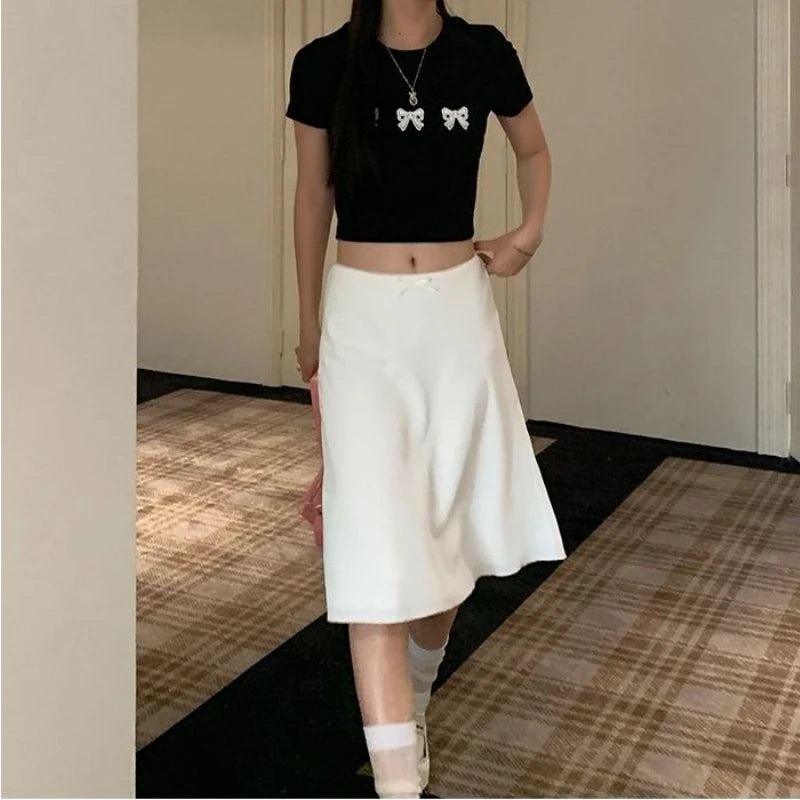Bxoxo Elegant White Women Satin Skirt Fairycore Ruffle Mid Skirts Coquette A-line Basic Casual Korean Style Summer Silk Skirt