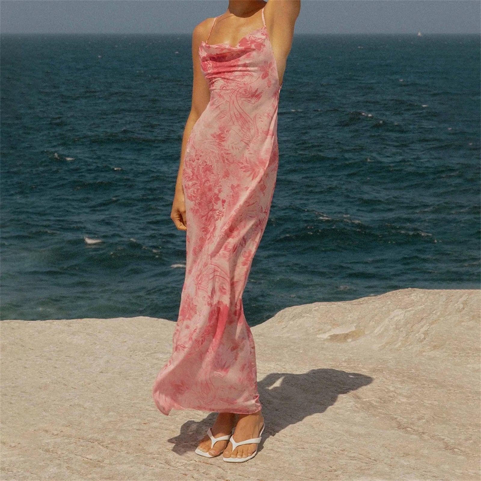 BXOXO Womens Summer Sexy Spaghetti Strap Maxi Dresses Floral Bodycon Long Dress Sleeveless Backless Vacation Sundress