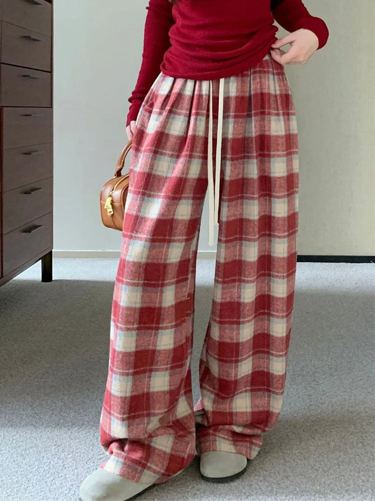 Bxoxo Vintage Faux Woolen Plaid Pant Women High Waist Soft Loose Wide Leg Trousers Casual Female Fall Winter Pockets Retro Y2K Pants