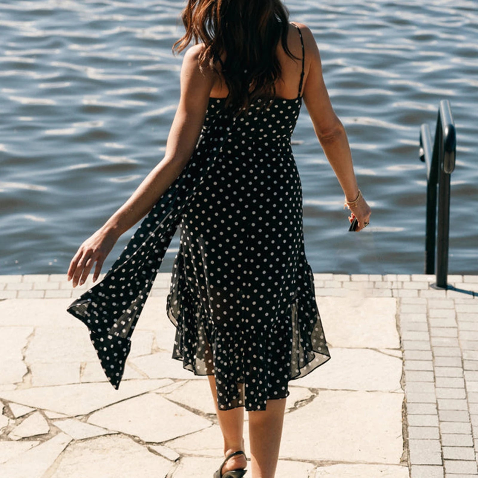 BXOXO Women Summer Spaghetti Strap Dress Casual Dot Print Ruffle Party Dress and Scarf for Vacation Beach Streetwear