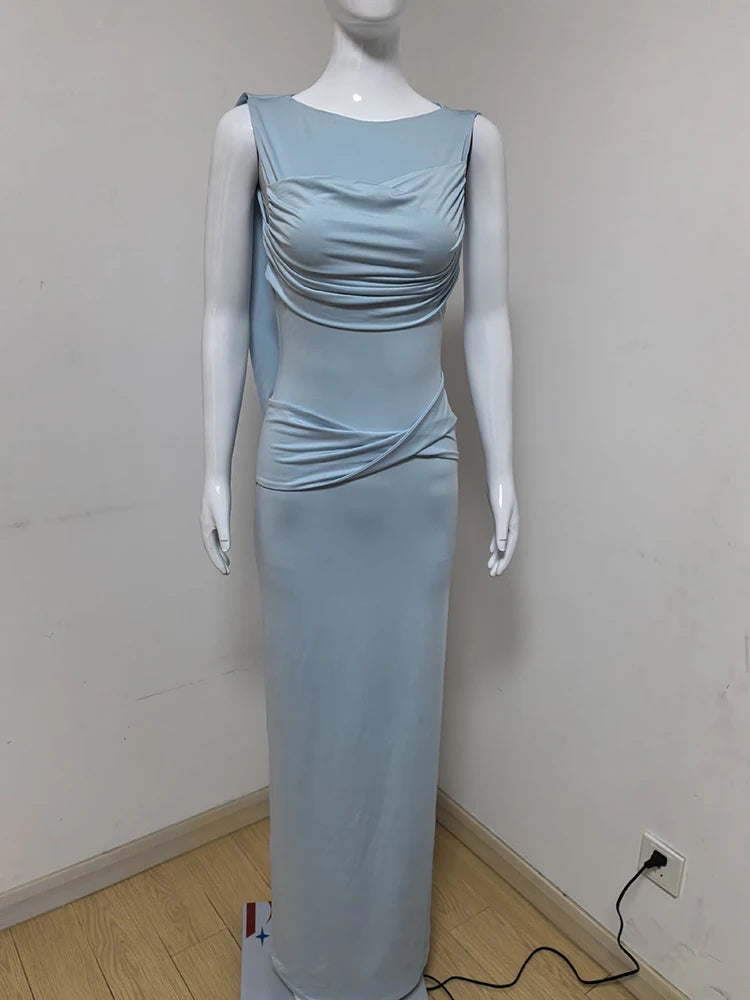BXOXO Backless Ruched Sexy Maxi Dress For Women Gown O Neck Sleeveless Thigh High Split Bodycon Elegant Long Dress Vestido