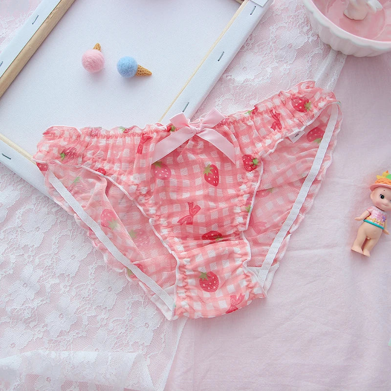 BXOXO Cute School Girl Strawberry Panties Sexy Mesh Breathable Underwear Japanese Kawaii Lolita Intimate Lingerie Femme Thong