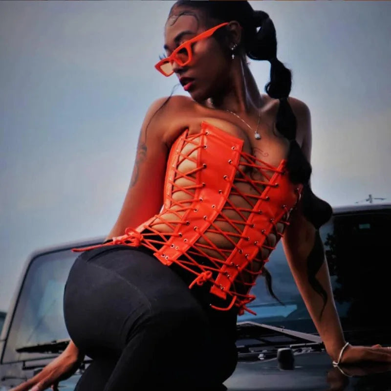 Bxoxo Sexy Gothic Women PU Leather Corsets Bustiers Lace-up Bandage Crown Girdle Slim Waist Back Zipper Strap Corset Tops Curve Shaper