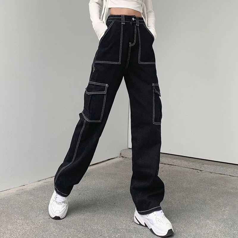 BXOXO Streetwear Pockets Black Cargo Jeans Women High Waist Straight Denim Trousers Woman Harajuku Wide Leg Long Pants