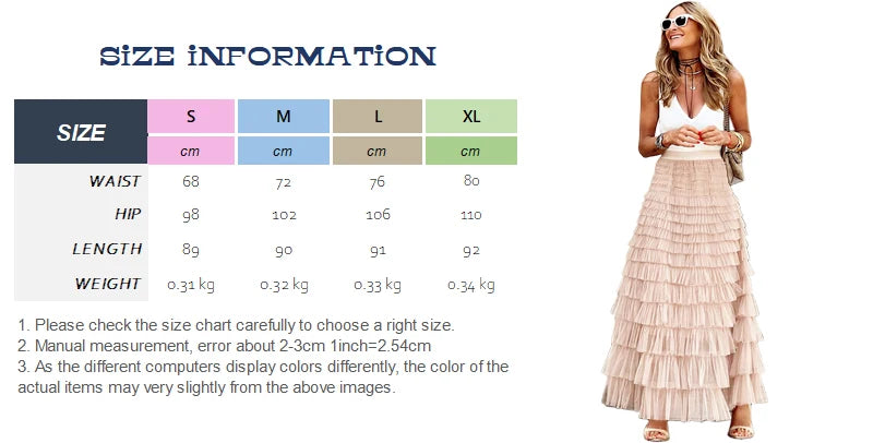 Bxoxo Casual Womens Solid Ball Gown Long Skirt Tulle High Waist Pleated Tutu Skirt Elegant Ladies Wild Mesh Dating Maxi Skirts Drop