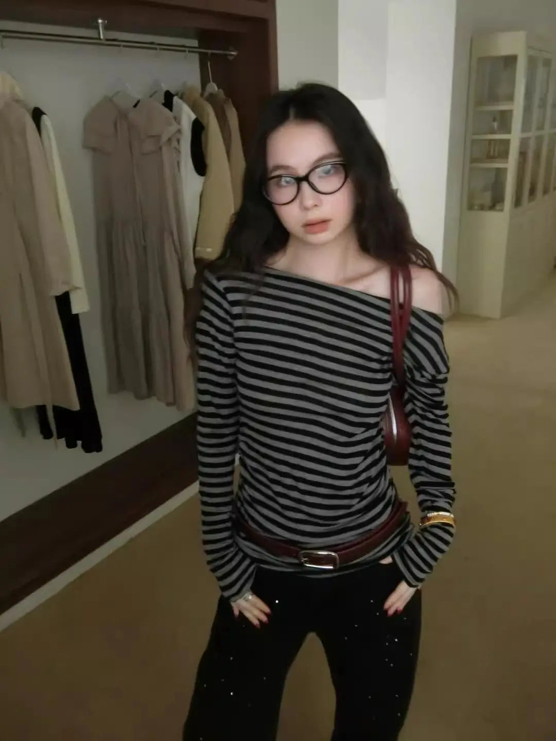 Bxoxo Vintage Striped Women T-Shirts Skew Collar Off Shoulder Long Sleeve American Retro Tees Slim Casual Streetwear Spring