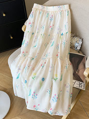 Bxoxo Floral Elegant Long Skirts Women Vintage Loose Sweet High Waist A Line Skirt Korean Retro Summer High Quality Long Skirt