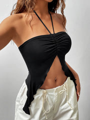 Bxoxo Ruched Front Crop Halter Top, Y2K Sexy Split Backless Halter Top For Summer, Women's Clothing