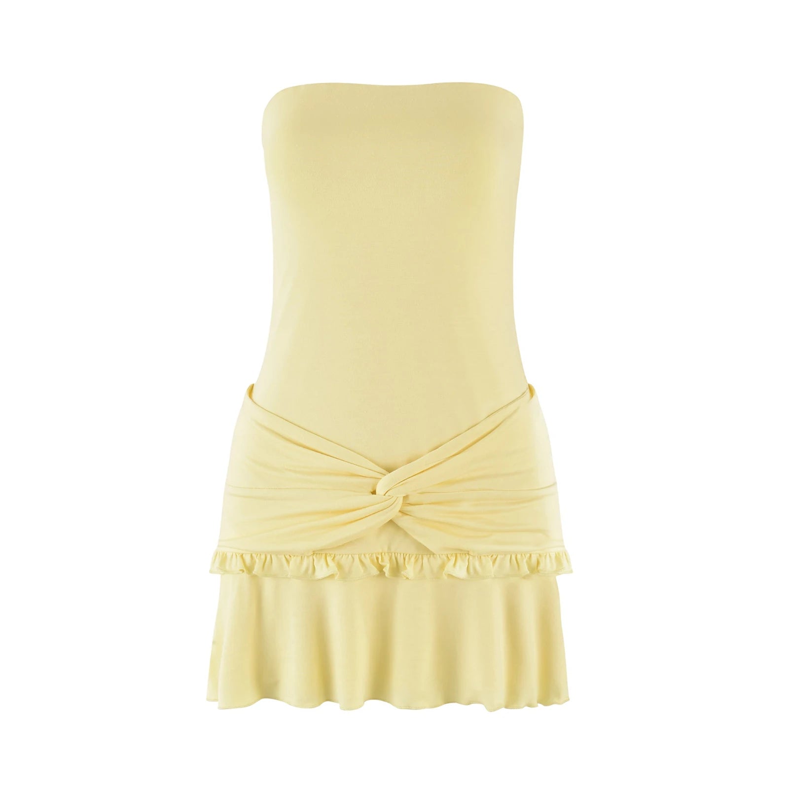 BXOXO Women Y2K Frills Knotted Strapless Mini Dress Coquette Sleeveless Backless Off Shoulder Tube Bodycon Short Dress Party