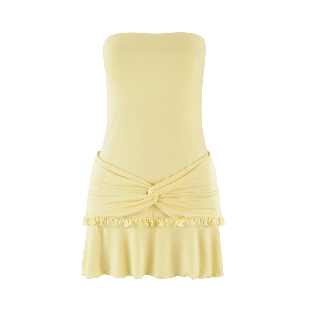BXOXO Women Y2K Frills Knotted Strapless Mini Dress Coquette Sleeveless Backless Off Shoulder Tube Bodycon Short Dress Party