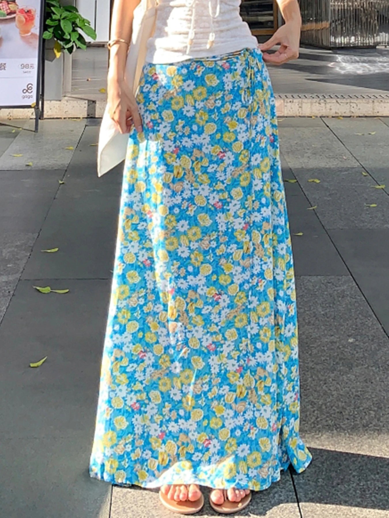 BXOXO Simple Prairie Chic Floral Prints Women Straight Long Skirts All-Match Fashion New Spring Summer Skirts