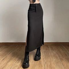 Bxoxo Goth Dark Elegant Mall Gothic Trumpet Women Midi Skirts Grunge High Waist Split Sexy Club Long Skirt Slim Party Streetwear