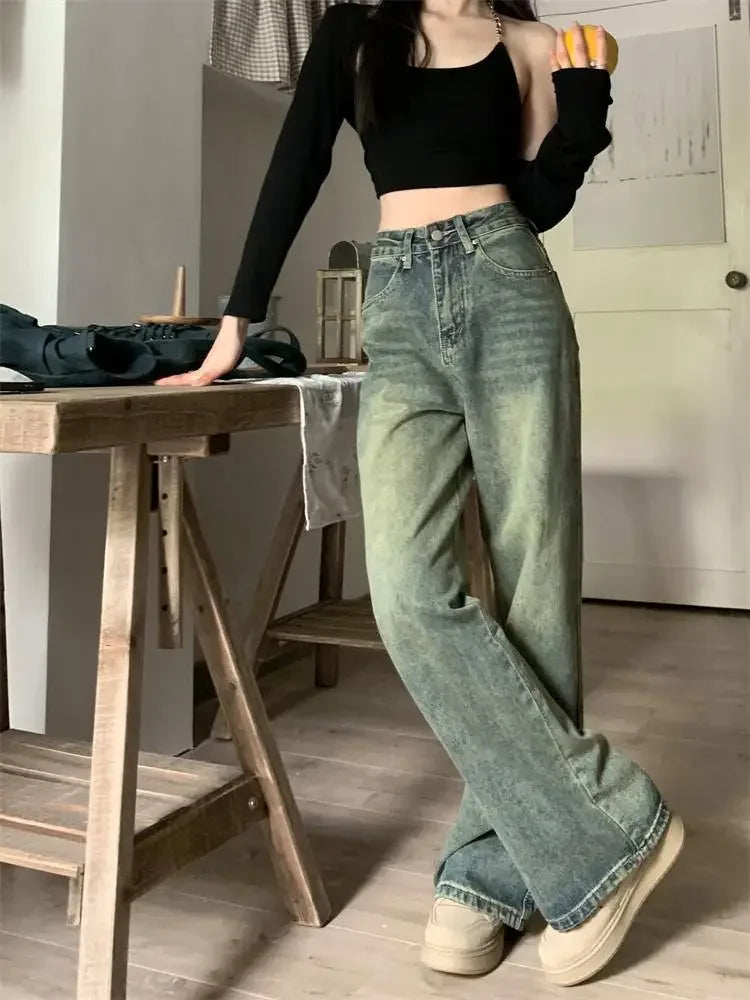 Bxoxo Vintage High-waisted Slimming Jeans American Style Casual Bell Bottoms Versatile Straight-leg Long Pants For Women