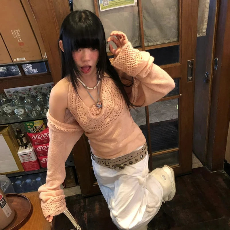 BXOXO Harajuku Knitted Two Pieces Tops Hollow Out Floral Tank Tops +smock Y2k Fairycore T Shirts Women 2000s Japanese Tee Top