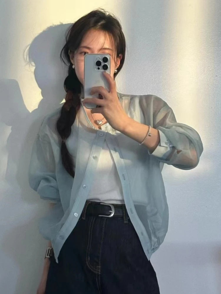 Bxoxo Blue Lightweight Long Sve irt Jaet Women's Ultra-Thin Summer Outerwear Single Button Design Waist-Cinching Sun Protect...