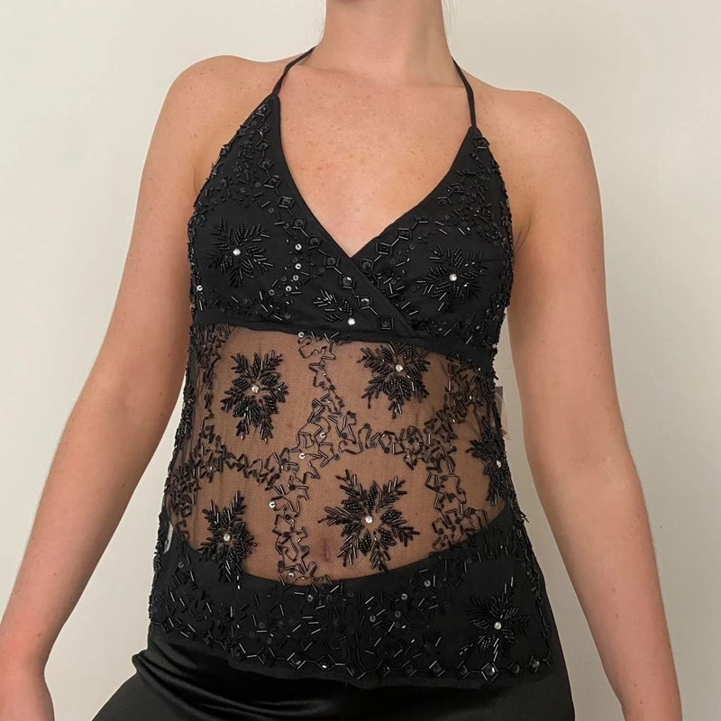 BXOXO Women's Sequin Halter Tank Tops Sleeveless V-Neck Backless Slim Fit Sheer Mesh Vest Y2k Sparkle Club Party Rave Outfit