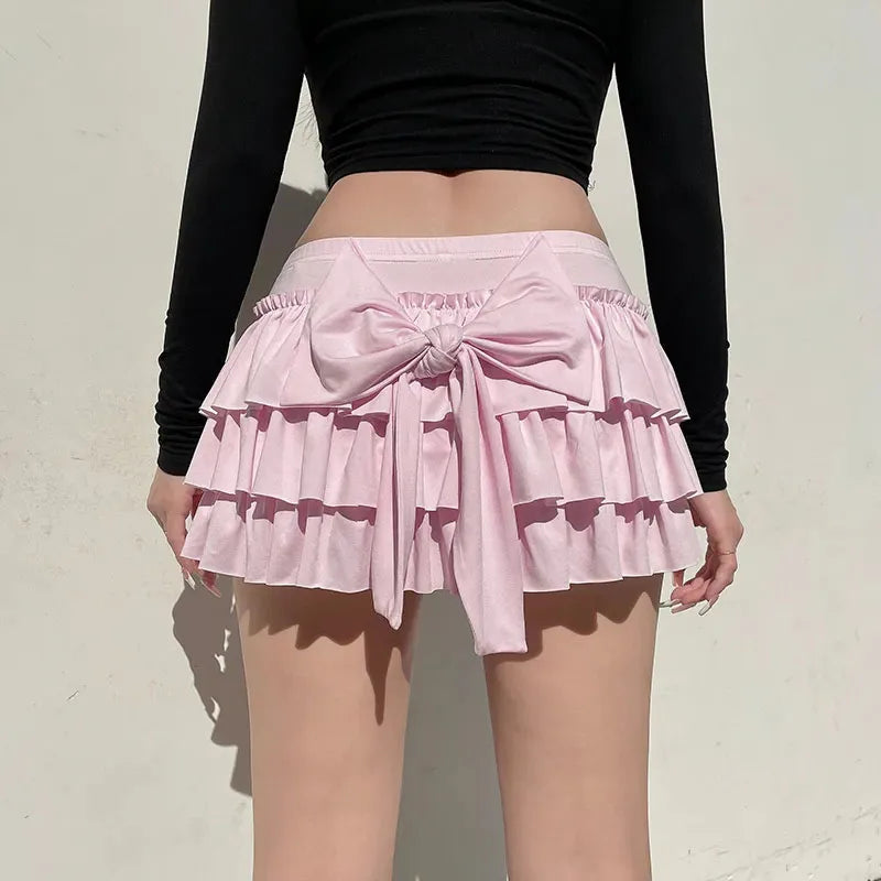 BXOXO Bow Sweet A-Line Skirts Women Sexy Slim Low-Waist Casual Mini Skirts Y2K Female Summer Fashion Streetwear All-Match Pink Skirts